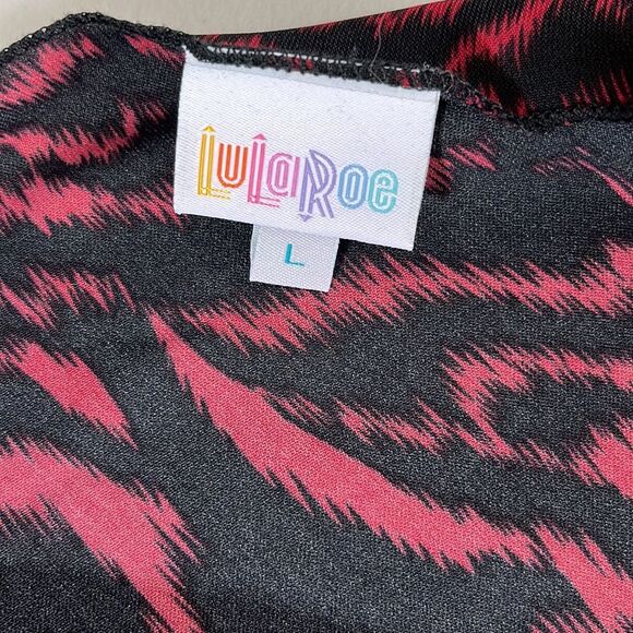 LuLaRoe Patterned Short Sleeve Waterfall Sheer Kimono Red Black Size Large - Picture 5 of 10